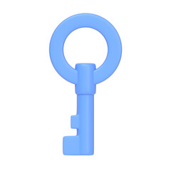 Blue key isolated on white background. 3D icon, sign and symbol. Cartoon minimal style. Front view. 3D Render Illustration