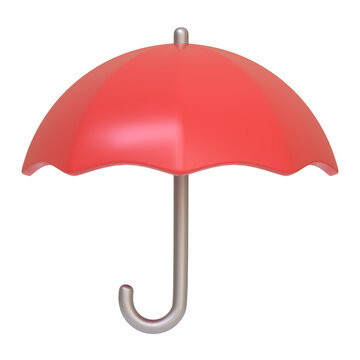 Red umbrella isolated on white background. 3D icon, sign and symbol. Cartoon minimal style. Front view. 3D Render Illustration