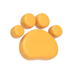 Yellow cat or dog paw icon isolated on white background. 3D icon, sign and symbol. Cartoon minimal style. 3D Render Illustration