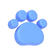 Blue cat or dog paw icon isolated on white background. 3D icon, sign and symbol. Cartoon minimal style. 3D Render Illustration