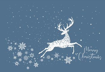 Obraz na płótnie Canvas Merry Christmas card with deer, snowflakes.White Reindeer Stag silhouette stencil drawing.Blue card.Antlers horns.Happy New Year.Winter window decoration.Plotter Laser cutting.Holidays decor.DIY cut