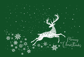Obraz na płótnie Canvas White Deer Reindeer Stag stencil drawing with snowflakes.Merry Christmas Silhouette.Green card.Antlers horns.Happy New Year.Winter window decoration.Plotter Laser cutting.Holidays decor.DIY cut.