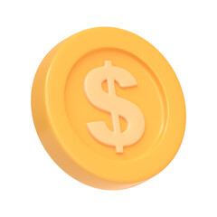 Gold coin with dollar sign isolated on white background. 3D icon, sign and symbol. Cartoon minimal style. 3D Render Illustration