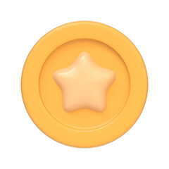 Gold coin with star isolated on white background. 3D icon, sign and symbol. Cartoon minimal style. Front view. 3D Render Illustration