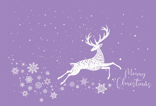  White Deer Reindeer Stag stencil drawing with snowflakes.Merry Christmas Silhouette.Violet card.Antlers horns.Happy New Year.Winter window decoration.Plotter Laser cutting.Holidays decor.DIY cut.j
