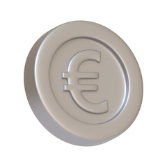 Silver coin with euro sign isolated on white background. 3D icon, sign and symbol. Cartoon minimal style. 3D Render Illustration