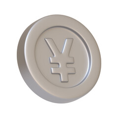 Obraz premium Silver coin with yen sign isolated on white background. 3D icon, sign and symbol. Cartoon minimal style. 3D Render Illustration