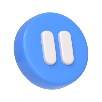 Blue round pause button isolated on white background. 3D icon, sign and symbol. Cartoon minimal style. 3D Render Illustration