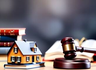 Judge auction and real estate concept. Law hammer and house model. Real estate law.