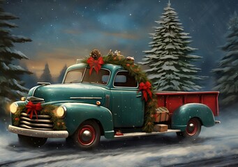 Vintage Green pick up truck carrying a Christmas tree, snow christmas background, Card, wallpaper, banner
