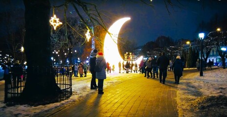 Luminous  artistic moon. Amazing and beautiful Christmas  artistic lighting – Riga, Latvia.