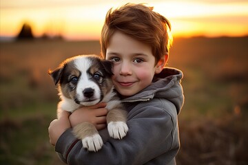 joyful boy holding a puppy in his arms.The bond between pets and humans.Affection, care for animals.