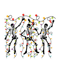 Christmas text design for T-shirts and apparel, holiday text design on plain white background for shirt, hoodie, sweatshirt, card, tag, mug, icon, logo or badge, dancing skeletons christmas lights