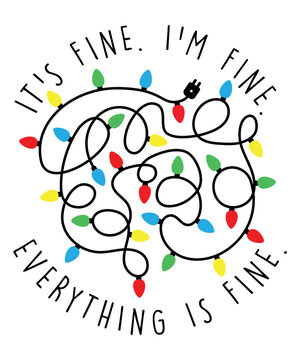 Christmas text design for T-shirts and apparel, holiday text design on plain white background for shirt, hoodie, sweatshirt, card, tag, mug, icon, logo or badge, its fine tangled christmas lights