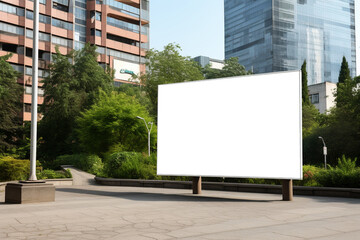Obraz premium Cityscape Greens: Tranparent Billboard Mockup Surrounded by Lush Trees in the City
