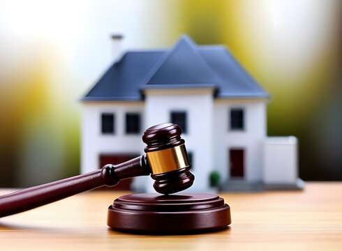 Judge auction and real estate concept. Law hammer and house model. Real estate law.