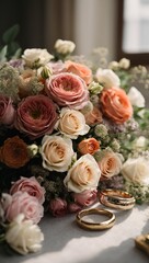 Obraz na płótnie Canvas A Beautiful Bouquet of Flowers and Symbolic Wedding Rings