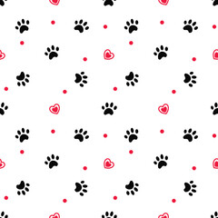 Paw cat and pet background. Traces of Pets. Paw vector foot trail print of Cat. Kitty Paw background and wallpaper vector. Dog paw seamless pattern wallpaper. Love heart valentine concept.
