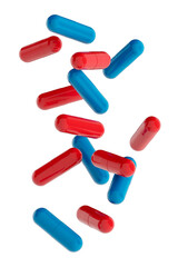 Falling red and blue pills isolated on white background. Mock-up or template. 3d render