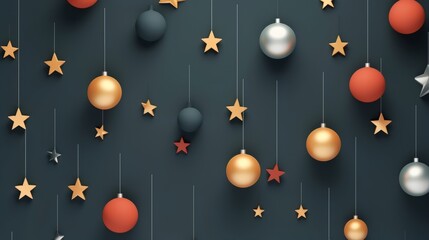 Christmas tree balls. Christmas decorations in 3D art style. Christmas holiday background. 