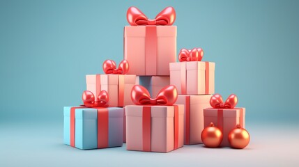 Christmas gifts. Christmas decorations in 3D art style. Christmas holiday background. 