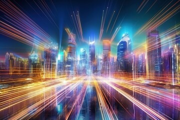 Fototapeta na wymiar City of Tomorrow: Dynamic Speed Light Trails in a Smart Mega City with Futuristic Neon Background