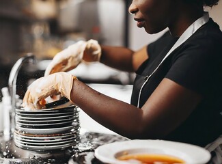 Woman washing dishes in restaurant's kitchen