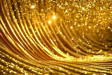 **luxurious 3d gold scene where the backdrop is adomed with a dynamic, flowing drapery made entirely of glittering gold particles