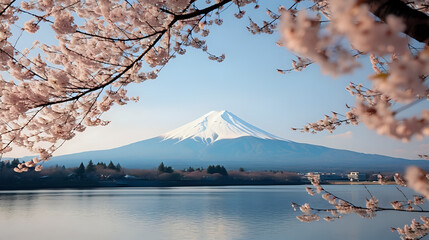 mountain and cherry blossoms. Generative AI