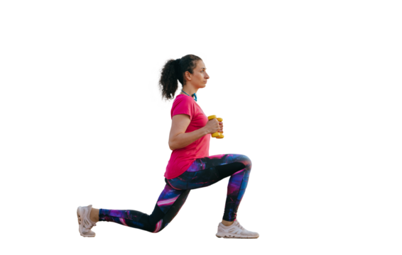 professional female athlete trains against transparent background with dumbbells, makes lunges trains her legs in the summer. Preparing for the competition a young woman is preparing for the Olympics