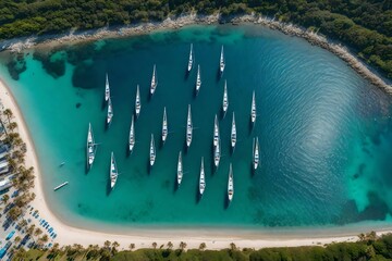 beautiful sailboats saline in a team on a sea of blue clarity was captured  by an aerial drone.