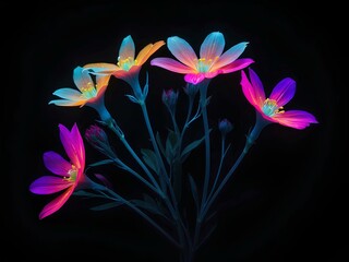 transparent flowers, glowing lines, black background, for design, isolated