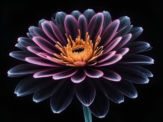 transparent flower, glowing lines, black background, for design, isolated
