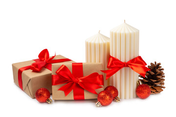 Christmas decoration with candle isolated on white background. New Year and Christmas candles. Home...