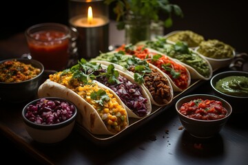 A delectable arrangement of Mexican tacos, garnished with fresh herbs and surrounded by a selection of colorful sides and sauces - obrazy, fototapety, plakaty