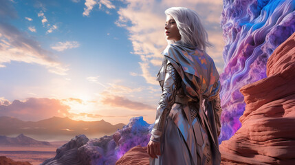 A futuristic girl with silver hair and piercing violet eyes, wearing a sleek spacesuit, standing on an otherworldly planet with colorful nebulae in the sky.	
