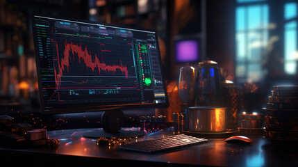 Computer monitor on the table, computer rendering, cryptocurrency chart on the monitor