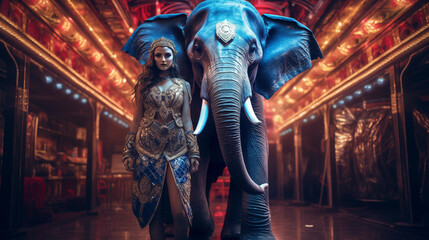 Elephant and girl standing side by side, cyberpunk style, adrenaline, night, neon lights - obrazy, fototapety, plakaty