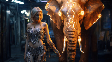 Elephant and girl standing side by side, cyberpunk style, adrenaline, night, neon lights - obrazy, fototapety, plakaty