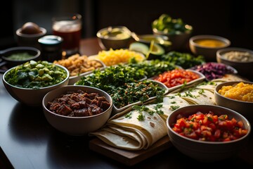 Fototapeta premium An assortment of Mexican ingredients and condiments neatly arranged for taco making, with a focus on fresh produce and rich flavors
