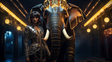 Fototapeta na wymiar Elephant and girl standing side by side, cyberpunk style, adrenaline, night, neon lights