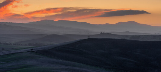 panorama landscape of rolling hills in Tuscany at sunrise with a cypress alley leading to a country...