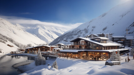 Ski Resort Hotel in the Austrian Mountains in Winter