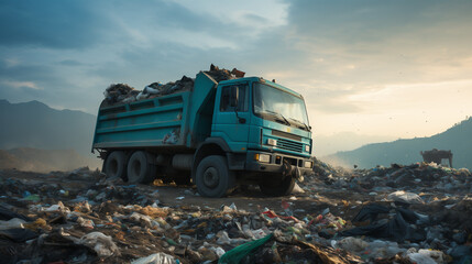 A Blue Garbage Truck Arrived At a Dumpsite to Unload Rubbish From Its Container - obrazy, fototapety, plakaty