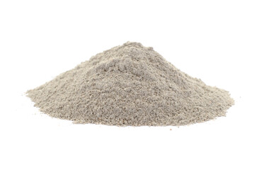 Gray cement powder isolated on white background. Pile of gray cement powder on a white background. Handful of gray cement powder isolated on a white background.