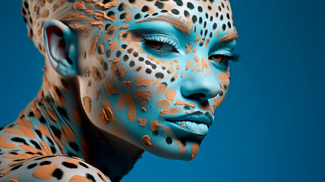 Magazine shot of woman with leopard face  in body art style, airbrush painting, airbrush, body art , pop art