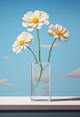 white daisy flower in glass vase, blue background