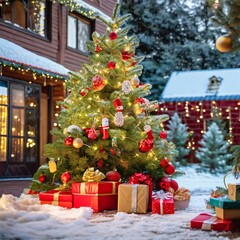 Cozy Christmas Scene: House, Decorated Tree, and Presents at the Entrance