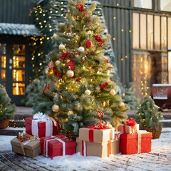 Cozy Christmas Scene: House, Decorated Tree, and Presents at the Entrance