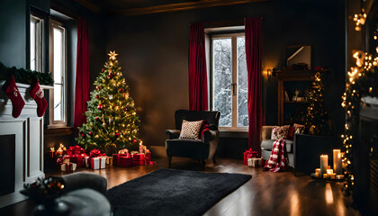The living room is decorated for Christmas